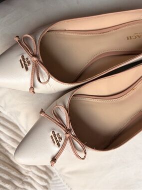 Coach Pointed Toe Ballet Flats in White with Blush Trim